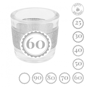 Teelichtglas Geburtstag, Glitzerband in Silber mit auswählbarer Jahreszahl, 65 mm
