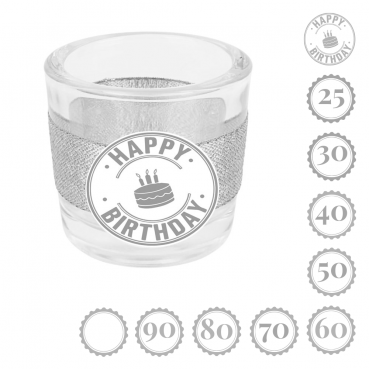 Kerzenglas Geburtstag, Glitzerband in Silber mit auswählbarer Jahreszahl, 65 mm