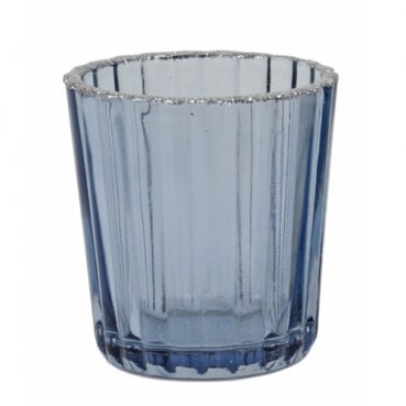 Teelichtglas mit Silber-Glitzerrand in Blau, 60 mm