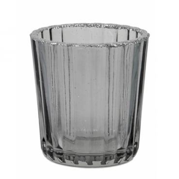 Teelichtglas mit Silber-Glitzerrand in Grau, 60 mm