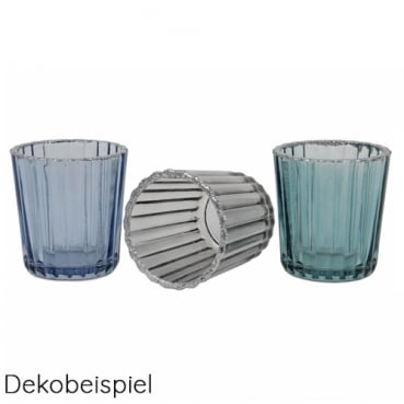 Teelichtglas mit Silber-Glitzerrand in Grau, 60 mm 3Teelichtgläser mit Silber-Glitzerrand in Blau, Grau und Petrol, 60 mm.