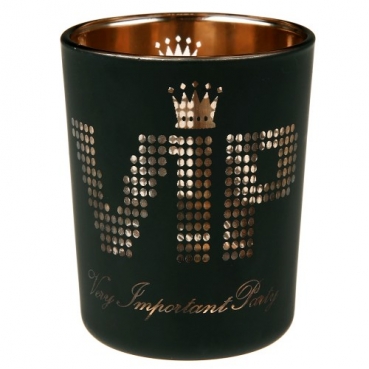 Teelichtglas -VIP- Very Important Party in Schwarz/Gold, 67 mm