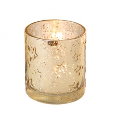 Teelichtglas Weihnachten, Sterne in Gold/Silber verspiegelt, 78 mm