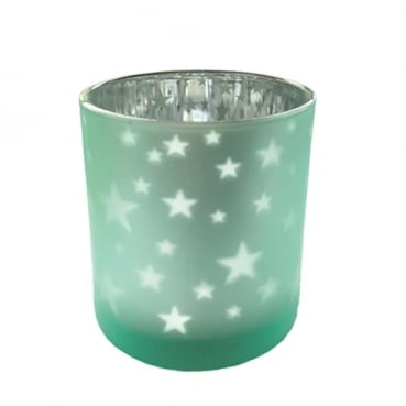 Teelichtglas Sterne in Mintgrün/Silber, 78 mm