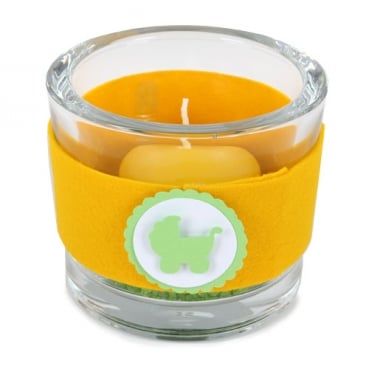 Kerzenglas Taufe mit Band, Button mit Kinderwagen oder Strampler in Gelb/Grün, 80 mm
