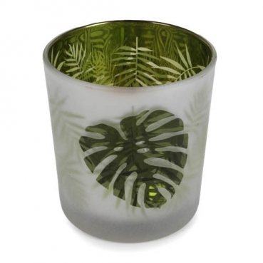 Teelichtglas Tropische Blätter, Monsterablatt, verspiegelt in Weiß/Grün, 80 mm