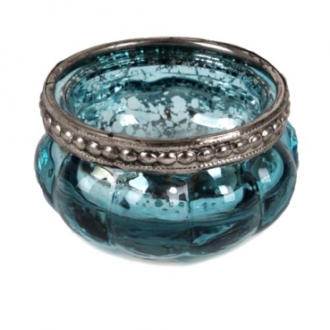 Teelichtglas Vintage mit Metallrand in Türkis/Silber, 60 mm