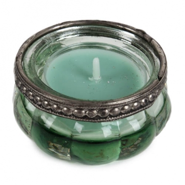 Teelichtglas Vintage mit Metallrand in Grün/Silber verspiegelt, 60 mm.
