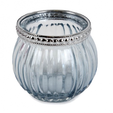 Teelichtglas, Windlicht Vintage, gestreift mit Metallrand in Hellblau/Silber, 65 mm