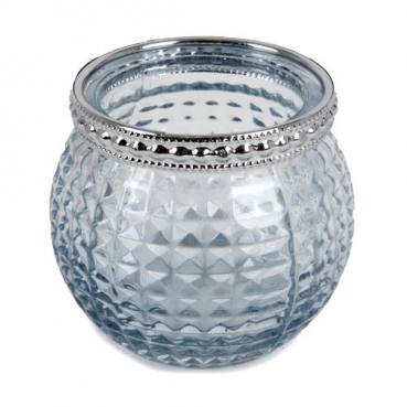 Teelichtglas, Windlicht Vintage mit Metallrand in Hellblau/Silber, 65 mm