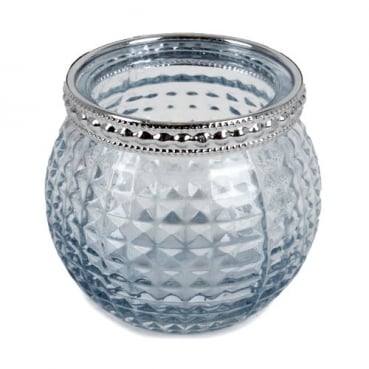 Teelichtglas, Windlicht Vintage mit Metallrand in Hellblau/Silber, 65 mm