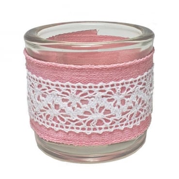 Teelichtglas Vintage mit Band in Rosa, 65 mm