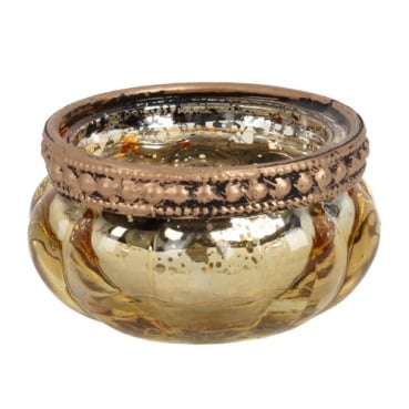 Teelichtglas Vintage in Gold verspiegelt mit Metallrand, 60 mm