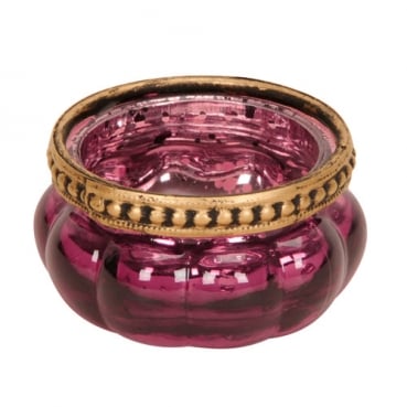 Teelichtglas Vintage in Beere verspiegelt mit Metallrand in Antik-Gold, 60 mm