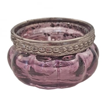 Teelichtglas Vintage mit Metallrand in Flieder/Silber verspiegelt, 60 mm