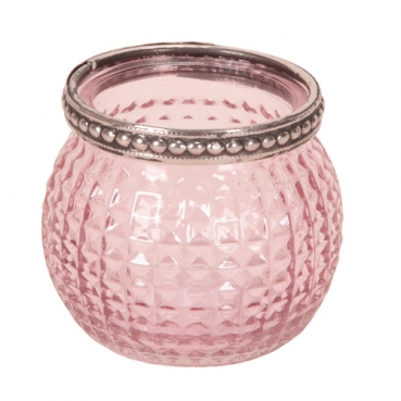 Teelichtglas, Windlicht Vintage mit Metallrand in Rosa/Antik-Silber, 65 mm