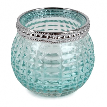Teelichtglas, Windlicht Vintage mit Metallrand in Mintgrün/Silber, 65 mm