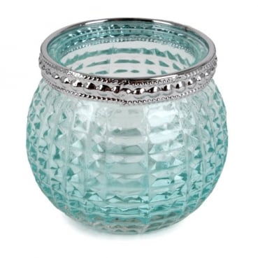 Teelichtglas, Windlicht Vintage mit Metallrand in Mintgrün/Silber, 65 mm