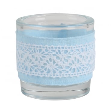 Teelichtglas Vintage mit Band in Hellblau, 65 mm