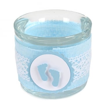 Teelichtglas Vintage Taufe, Babyfüßchen mit Band in Hellblau, 65 mm