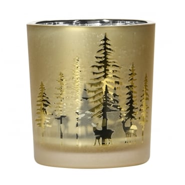 Teelichtglas Winterwald in Gold, innen verspiegelt, 80 mm