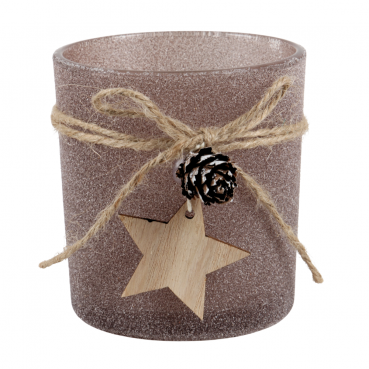 Teelichtglas Weihnachten, Frostoptik, mit Stern, in Braun, 80 mm