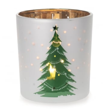Teelichtglas Weihnachtsbaum in Grün/Weiß, innen verspiegelt, 80 mm