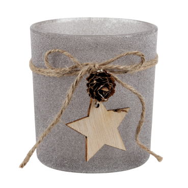 Teelichtglas Weihnachten, Frostoptik, mit Stern, in Grau, 80 mm