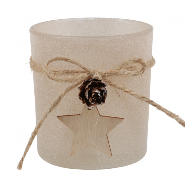 Teelichtglas Weihnachten, Frostoptik, mit Stern, in Sandfarbe, 80 mm