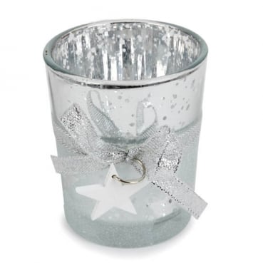 Teelichtglas Weihnachten mit Stern-Anhänger in Silber/Weiß, verspiegelt, 65 mm