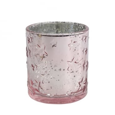 Teelichtglas Weihnachten, Sterne in Rosa/Silber verspiegelt, 78 mm
