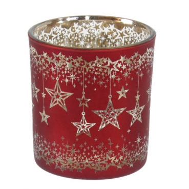 Teelichtglas Weihnachten, Sterne in Rot/Gold verspiegelt, 78 mm