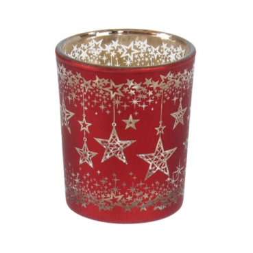 Teelichtglas Weihnachten, Sterne in Rot/Gold verspiegelt, 68 mm