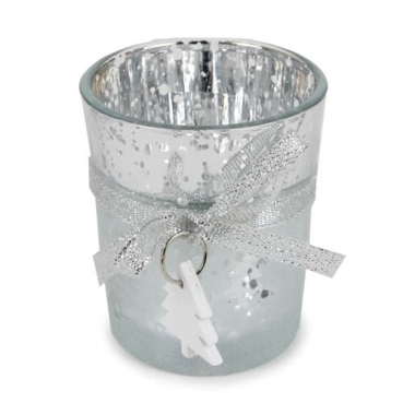 Teelichtglas Weihnachten mit Tannenbaum-Anhänger in Silber/Weiß, verspiegelt, 65 mm