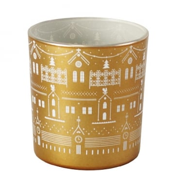 Teelichtglas Weihnachten, Winterdorf, Gold/Weiß, 80 mm