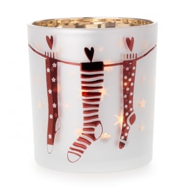 Teelichtglas Weihnachtsstrümpfe in Rot/Weiß, innen verspiegelt, 80 mm