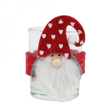 Teelichtglas Weihnachten, Filz Wichtel mit Herzen, 63 mm