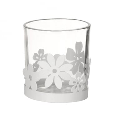 Teelichtglas mit Metall Blumen in Weiß, 78 mm