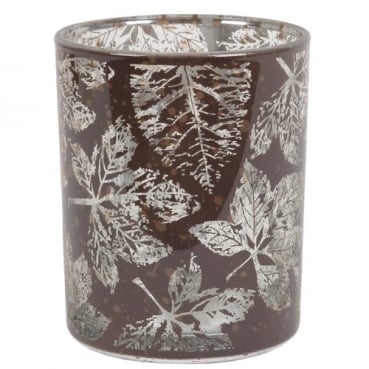 Herbst Teelichtglas Blätter in Dunkelbraun, Silber verspiegelt, 80 mm