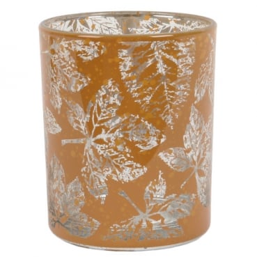 Herbst Teelichtglas Blätter in Rostbraun, Silber verspiegelt, 80 mm