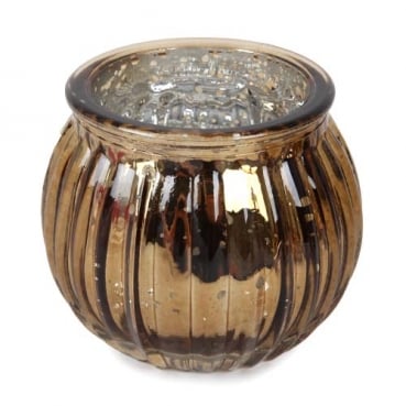 Teelichtglas, Windlicht gestreift in Bronze verspiegelt, 65 mm