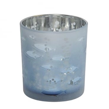 Teelichtglas Fische in Blau matt/innen verspiegelt, 78 mm