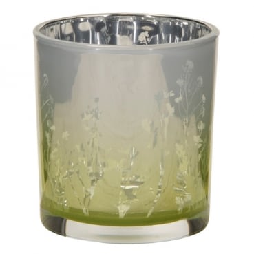 Teelichtglas Frühling, Blumenwiese in Hellgrün/Silber verspiegelt, 78 mm