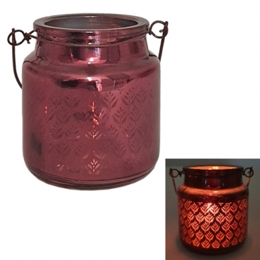 Teelichtglas mit Henkel, Blättermotiv, inkl. Teelicht, in Beere verspiegelt, 65 mm