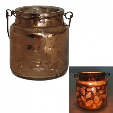 Teelichtglas mit Henkel, Blättermotiv, inkl. Teelicht, in Kupfer verspiegelt, 65 mm