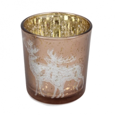 Teelichtglas, Windlicht Hirsche in Braun/Gold verspiegelt, 80 mm