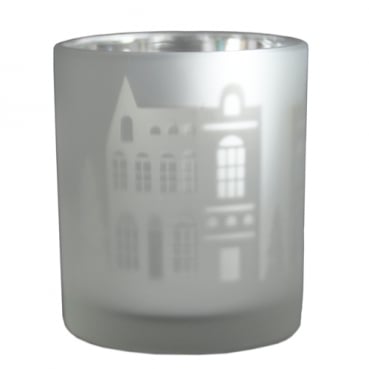 Teelichtglas Haus Silhouetten verspiegelt in Weiß matt, 85 mm