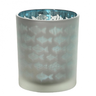 Teelichtglas Maritim, Fische in Weiß/Mintblau verspiegelt, 81 mm