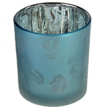 Teelichtglas Maritim, Seepferdchen, verspiegelt in Hellblau, 80 mm