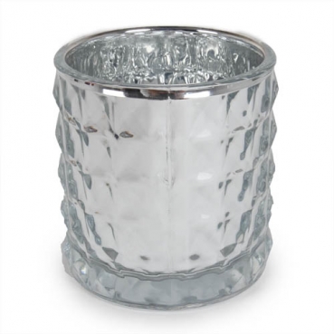 Teelichtglas Rautenmuster in Silber verspiegelt, 75 mm
